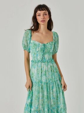 ASTR The Label Bustier Puff-Sleeve Sweetheart Tiered Green Midi Dress size M